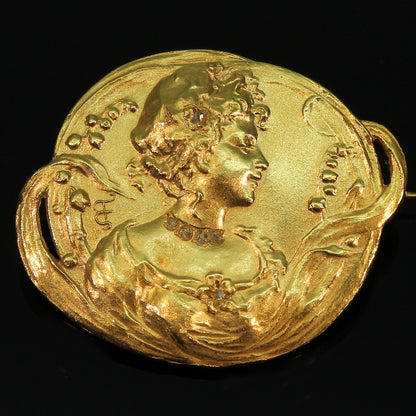 Antique Art Nouveau Diamond Set 18ct Yellow Gold Brooch