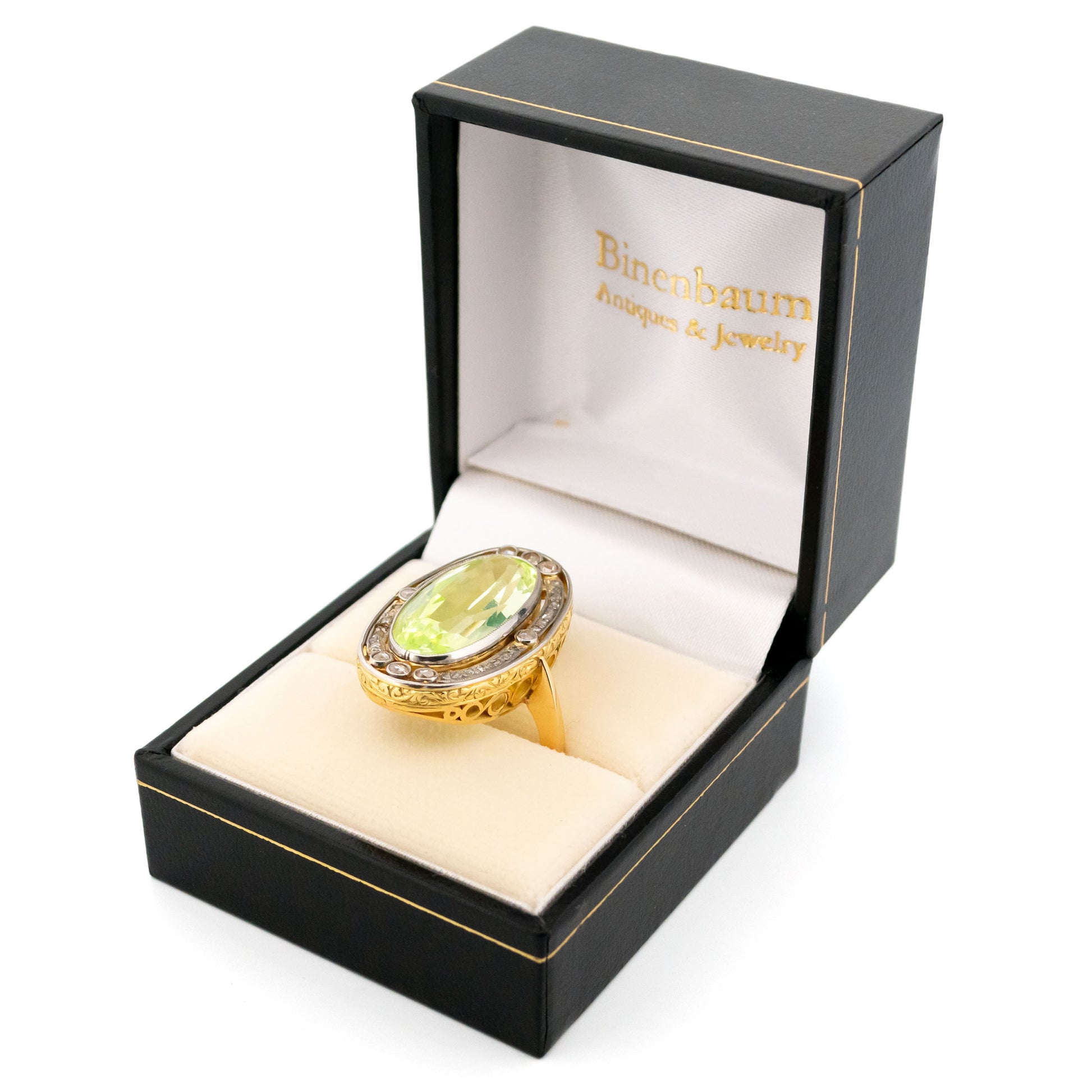 An oval spinel and rose cut diamond Art Deco design cluster dress ring in yellow gold and platinum, in a Binenbaum ring box