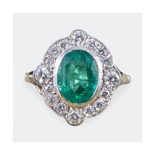 Art Deco Style Emerald and Diamond Cluster Plaque Ring, 1.35cts