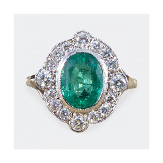 Art Deco Style Emerald and Diamond Cluster Plaque Ring, 1.35cts