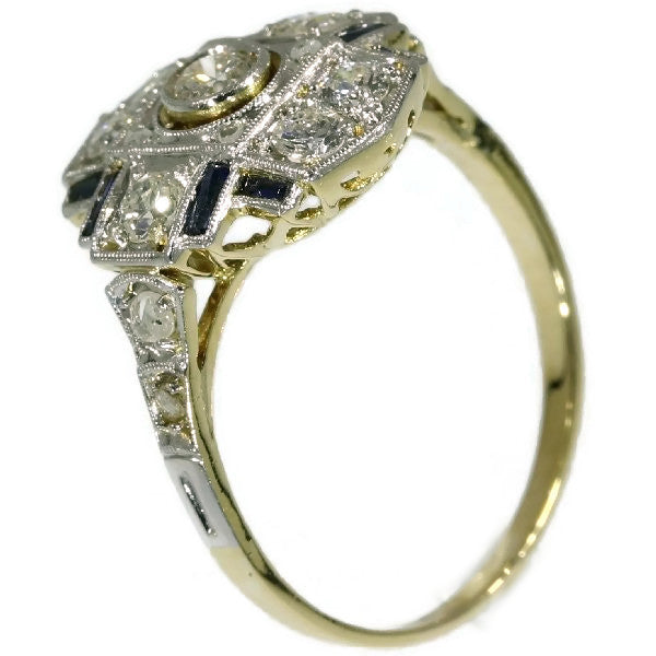 Antique Art Deco Engagement Ring with Diamonds and Sapphires