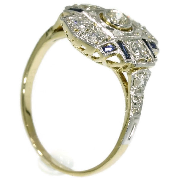 Antique Art Deco Engagement Ring with Diamonds and Sapphires