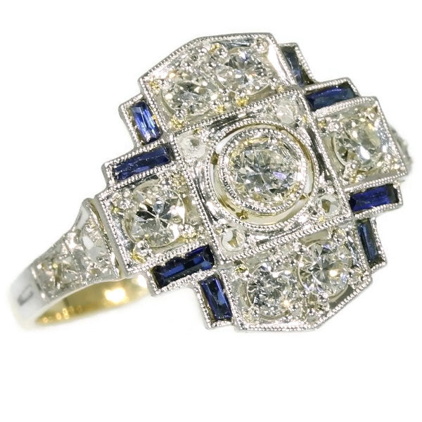 Antique Art Deco Engagement Ring with Diamonds and Sapphires