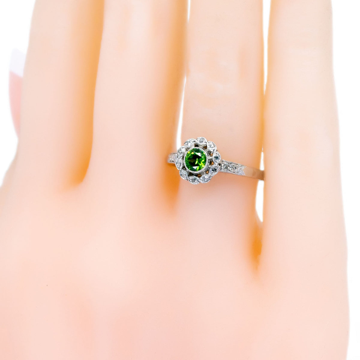 Demantoid Garnet, Diamond and Platinum Cluster Ring, 0.30 Carat