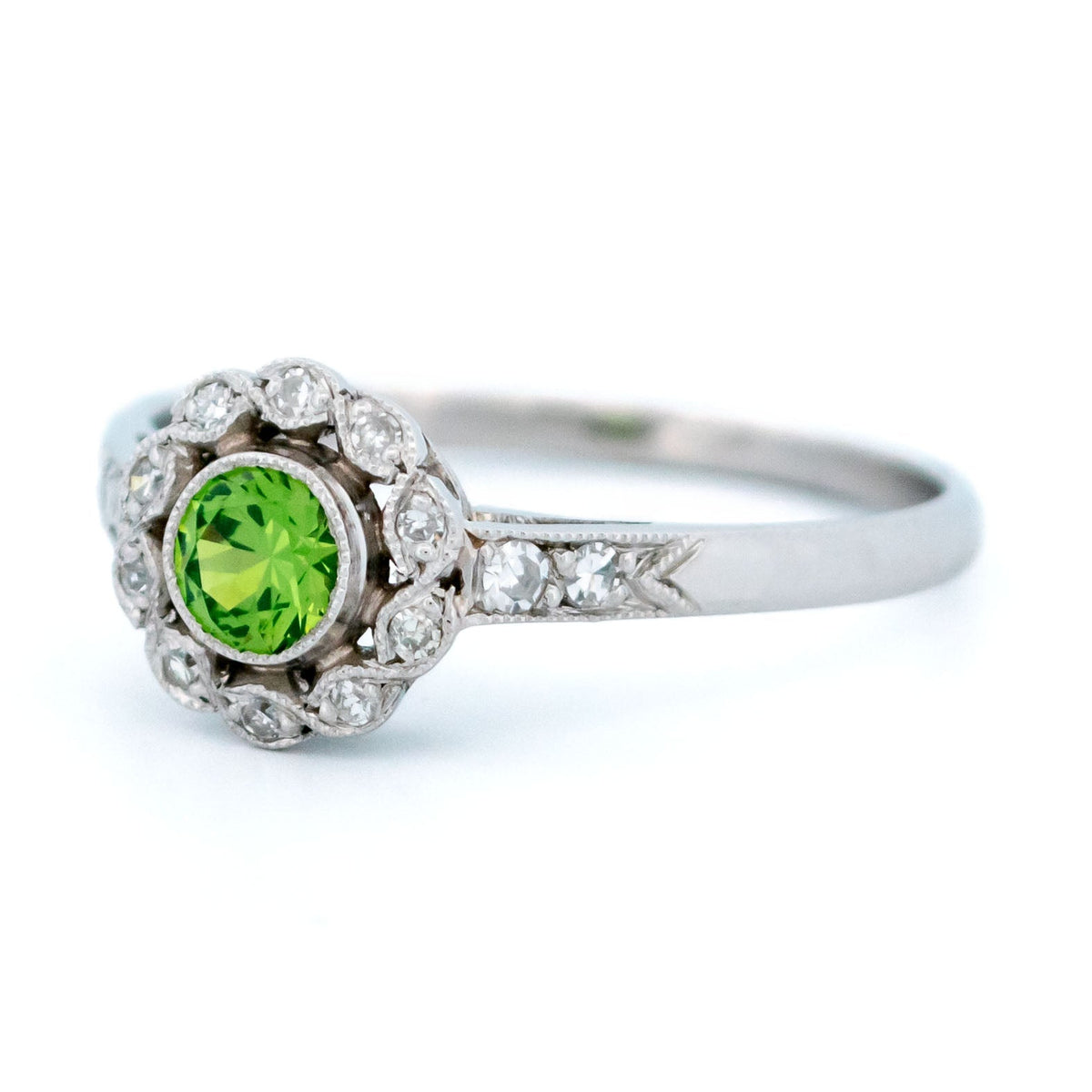 Demantoid Garnet, Diamond and Platinum Cluster Ring, 0.30 Carat