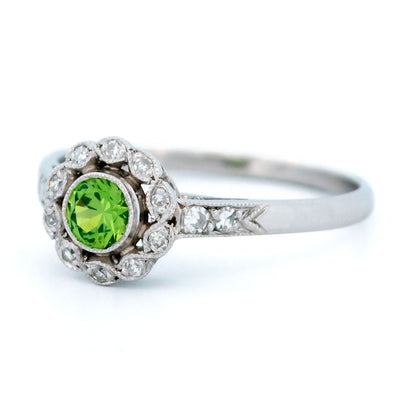 Demantoid Garnet, Diamond and Platinum Cluster Ring, 0.30 Carat