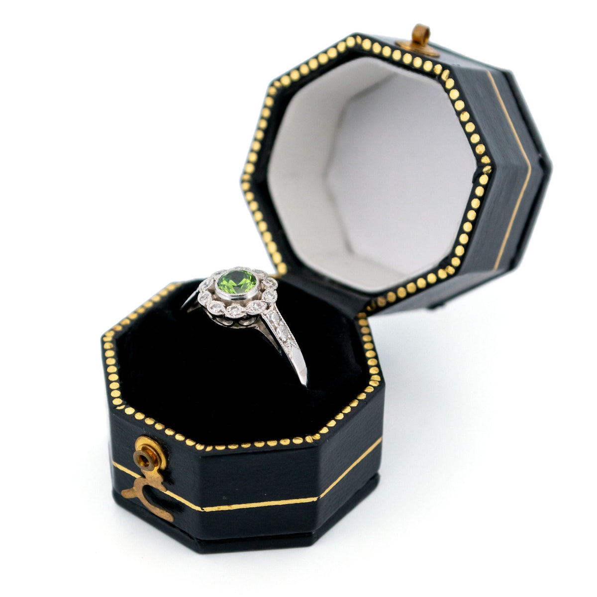 Demantoid Garnet, Diamond and Platinum Cluster Ring, 0.30 Carat