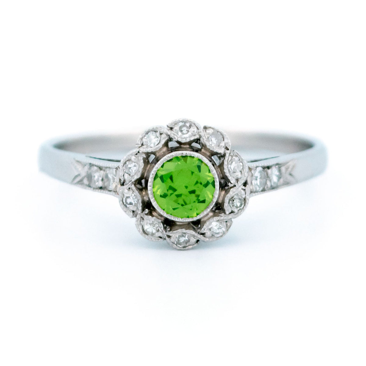 Demantoid Garnet, Diamond and Platinum Cluster Ring, 0.30 Carat