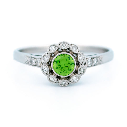 Demantoid Garnet, Diamond and Platinum Cluster Ring, 0.30 Carat