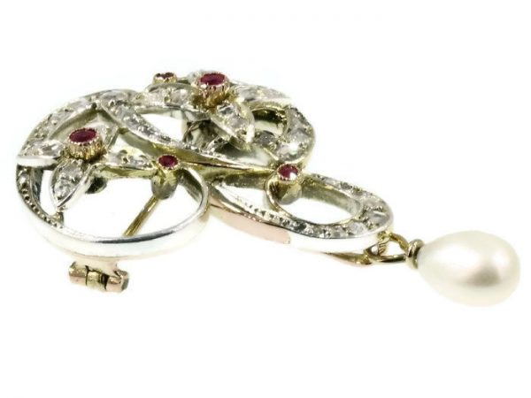 Antique Art Nouveau Diamond and Ruby Set Brooch