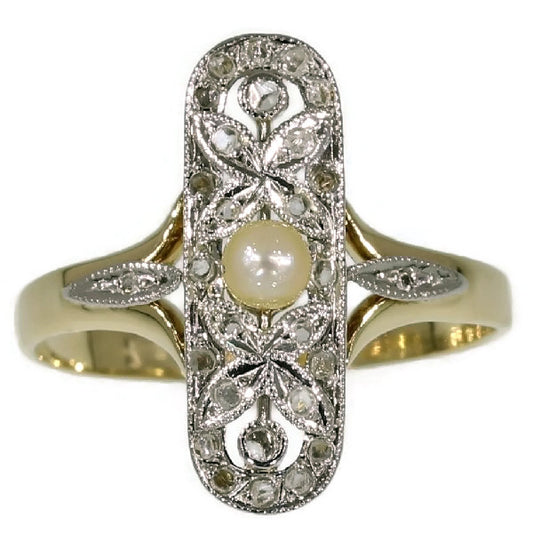 Antique Belle Epoque Ring with Rose Cut Diamonds and Pearl