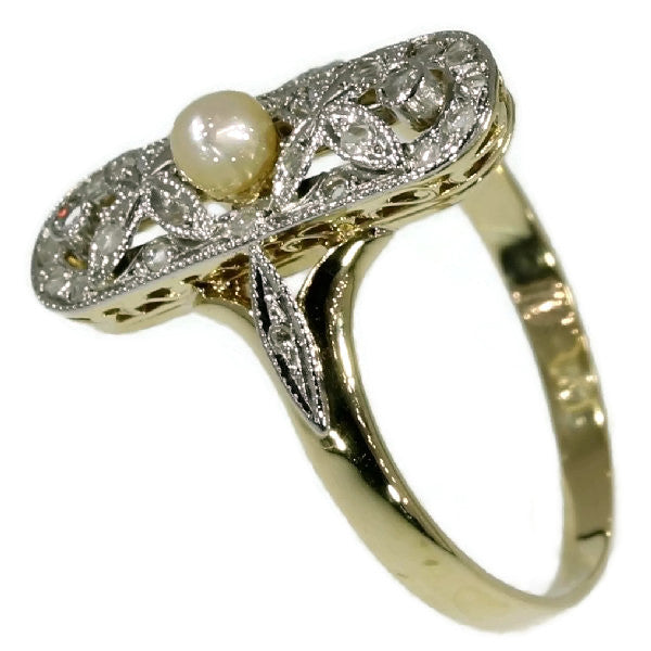 Antique Belle Epoque Ring with Rose Cut Diamonds and Pearl