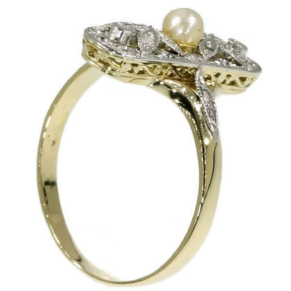 Antique Belle Epoque Ring with Rose Cut Diamonds and Pearl