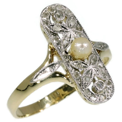 Antique Belle Epoque Ring with Rose Cut Diamonds and Pearl