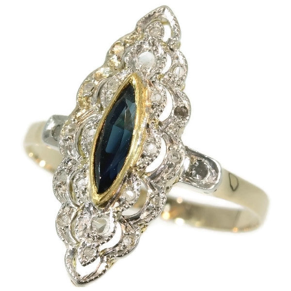Antique Belle Epoque Diamond and Sapphire Engagement Ring