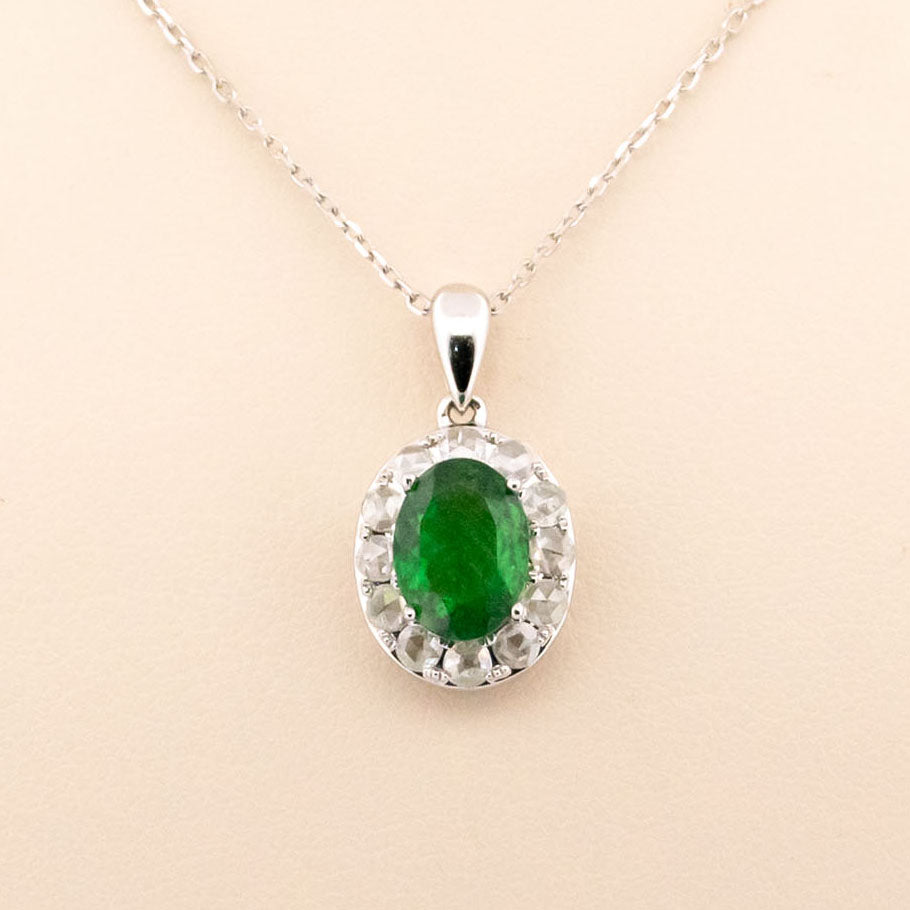 18 Carat White Gold Tsavorite Garnet and Diamond Oval Cluster Pendant