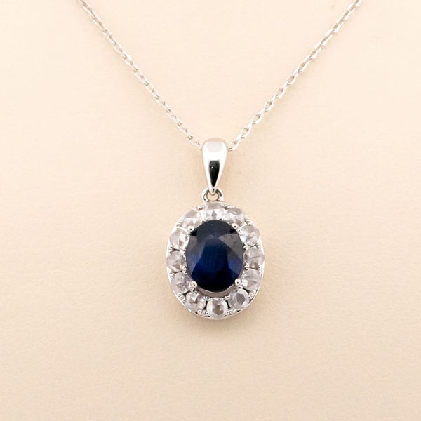 18 Carat White Gold Sapphire and Diamond Oval Cluster Pendant, 1.00 Carat