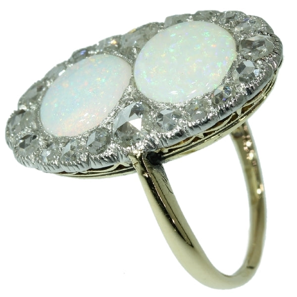 Antique Victorian Engagement Ring with Rose Cut Diamonds and Cabochon Opals