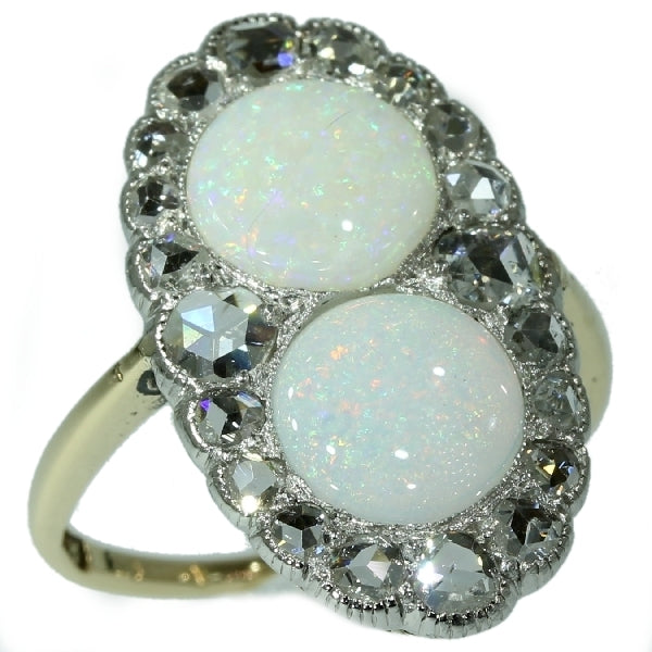 Antique Victorian Engagement Ring with Rose Cut Diamonds and Cabochon Opals