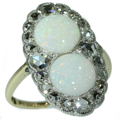 Antique Victorian Engagement Ring with Rose Cut Diamonds and Cabochon Opals