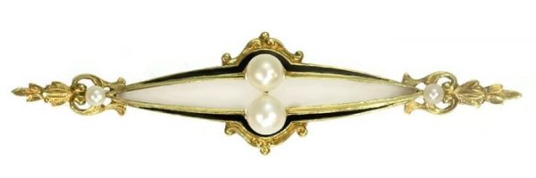 Antique Victorian Black Enamel Pearl and Rock Crystal Bar Brooch, 18ct Yellow Gold