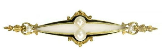 Antique Victorian Black Enamel Pearl and Rock Crystal Bar Brooch, 18ct Yellow Gold