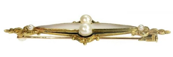 Antique Victorian Black Enamel Pearl and Rock Crystal Bar Brooch, 18ct Yellow Gold