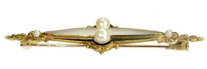 Antique Victorian Black Enamel Pearl and Rock Crystal Bar Brooch, 18ct Yellow Gold