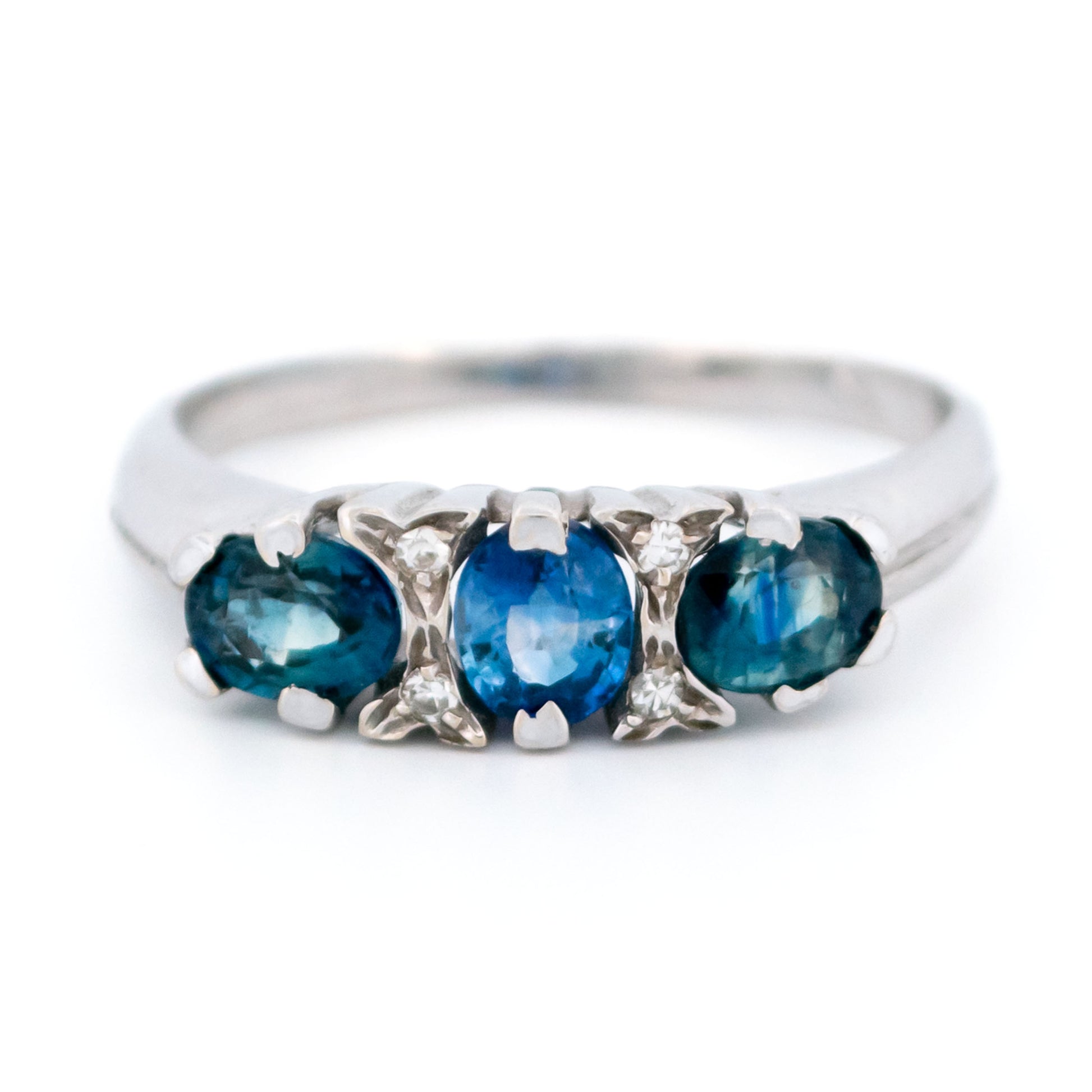 Modern 14 Carat White Gold Sapphire and Diamond Ring, 1.10 Carats