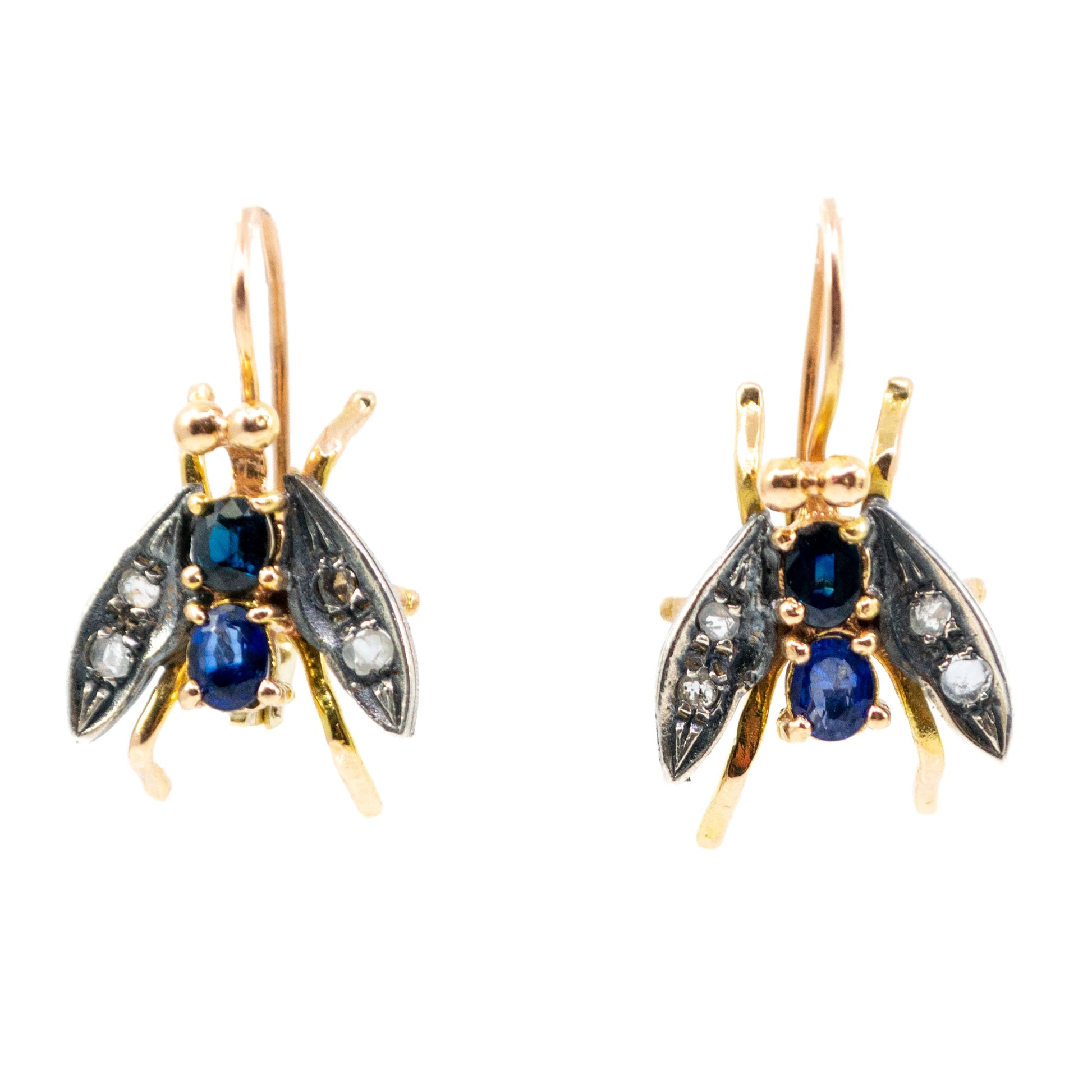 A pair of insect earrings in yellow gold and silver with sapphires and diamonds