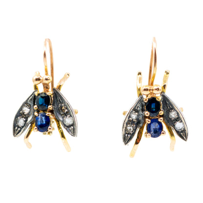A pair of insect earrings in yellow gold and silver with sapphires and diamonds