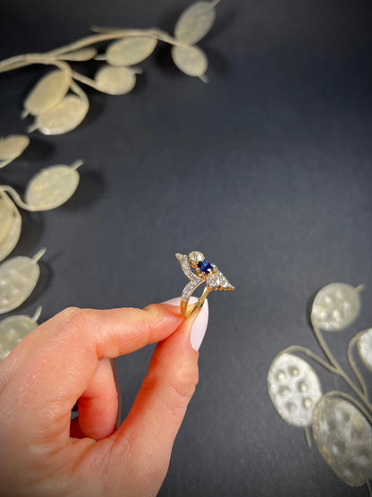 Victorian 18 Carat Yellow Gold Sapphire and Diamond Marquise/Navette Ring, Circa 1880