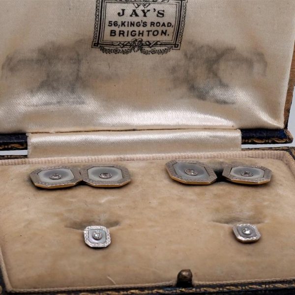 Art Deco Mother of Pearl and Diamond Cufflink and Stud Set