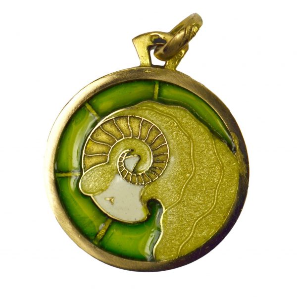 French Plique a Jour Enamel and 18ct Gold Zodiac Aries Charm Pendant; 18ct yellow gold charm pendant designed as Aries Zodiac sign, decorated with green, yellow and white plique a jour enamel (restored), makers mark for Arthus Bertrand