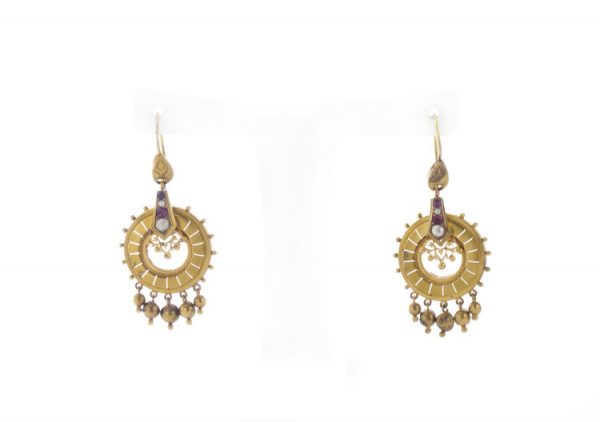 Antique Victorian 15ct Yellow Gold, Pearl and Ruby Drop Earrings; 19thC earrings set with freshwater pearls and natural rubies, Circa 1860s