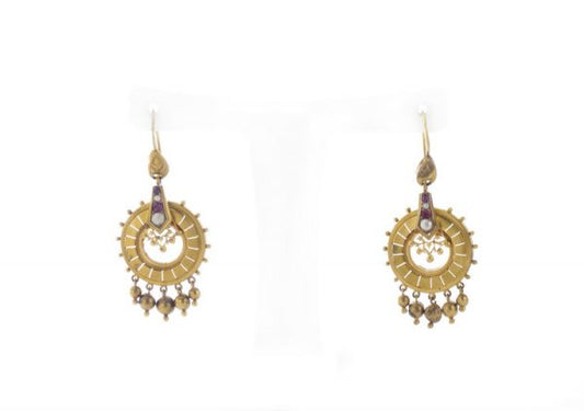 Antique Victorian 15ct Yellow Gold, Pearl and Ruby Drop Earrings; 19thC earrings set with freshwater pearls and natural rubies, Circa 1860s