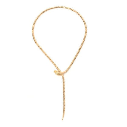 Antique Victorian Gold Snake Necklace with Tourmaline Eyes; 9ct yellow gold snake necklace with scale detail to body and green tourmaline eyes, Circa 1860s