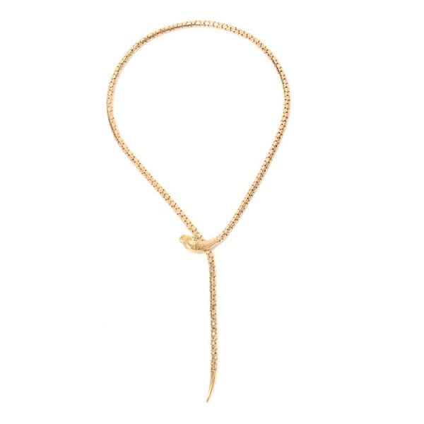 Antique Victorian Gold Snake Necklace with Tourmaline Eyes; 9ct yellow gold snake necklace with scale detail to body and green tourmaline eyes, Circa 1860s