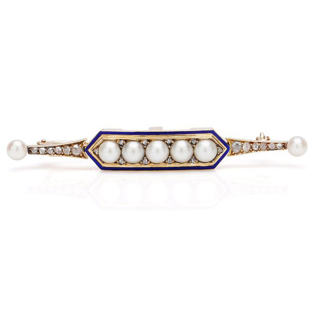 Antique Victorian Rose Cut Diamond and Pearl Bar Brooch in 18ct Yellow Gold with Blue Enamel