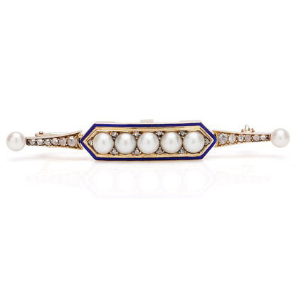 Antique Victorian Rose Cut Diamond and Pearl Bar Brooch in 18ct Yellow Gold with Blue Enamel