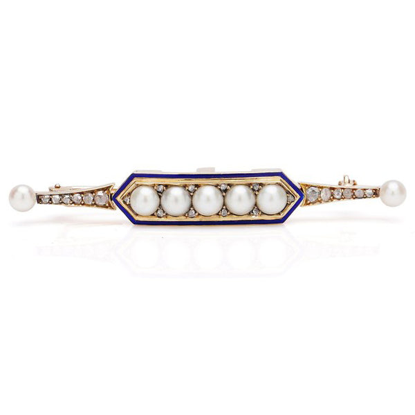 Antique Victorian Rose Cut Diamond and Pearl Bar Brooch in 18ct Yellow Gold with Blue Enamel