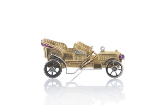 Antique Victorian Diamond, Ruby and 15ct Yellow Gold Car Automobile Brooch; set with a rose cut diamond and ruby, in silver and gold, Made in England, Circa 1880