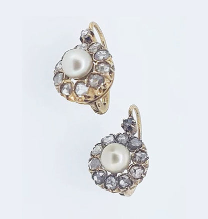 Victorian Rose Cut Diamond and Natural Pearl Cluster Drop Earrings; natural pearls surrounded by rose-cut diamonds. With French fittings tested as high carat gold