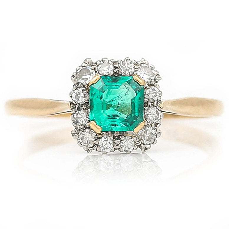 Vintage Octagonal Emerald and Diamond Cluster Ring