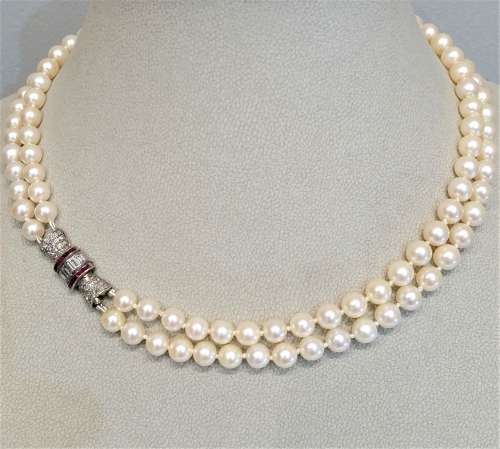 Vintage Akoya Pearl Necklace with Diamond and Ruby Clasp