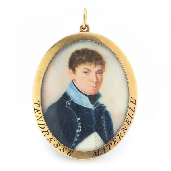 Antique French Portrait Miniature Pendant, with watercolour paintings on both sides, in 18ct yellow gold with enamel transcript, 19th century Circa 1890s