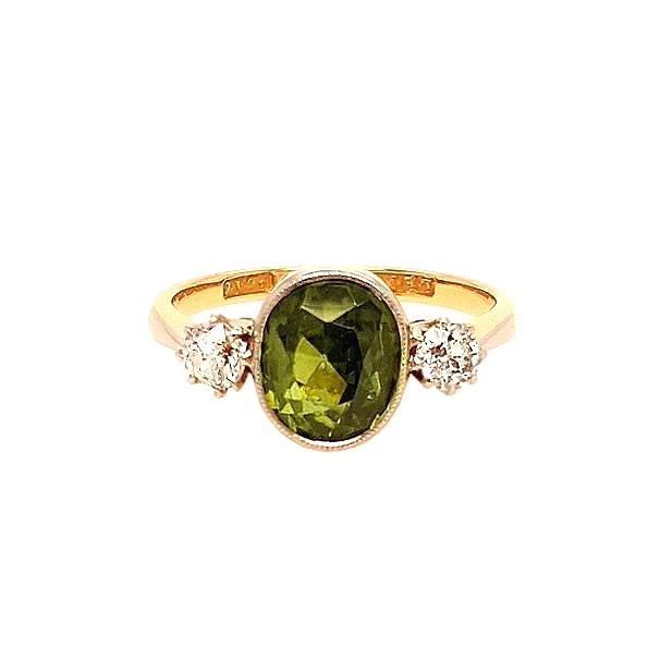Vintage 1930's Green Zircon and Diamond Trilogy Ring in 18ct Yellow Gold