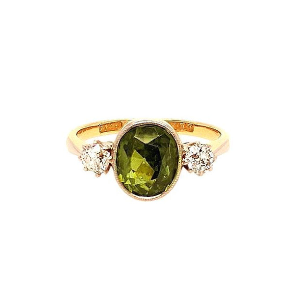 Vintage 1930's Green Zircon and Diamond Trilogy Ring in 18ct Yellow Gold