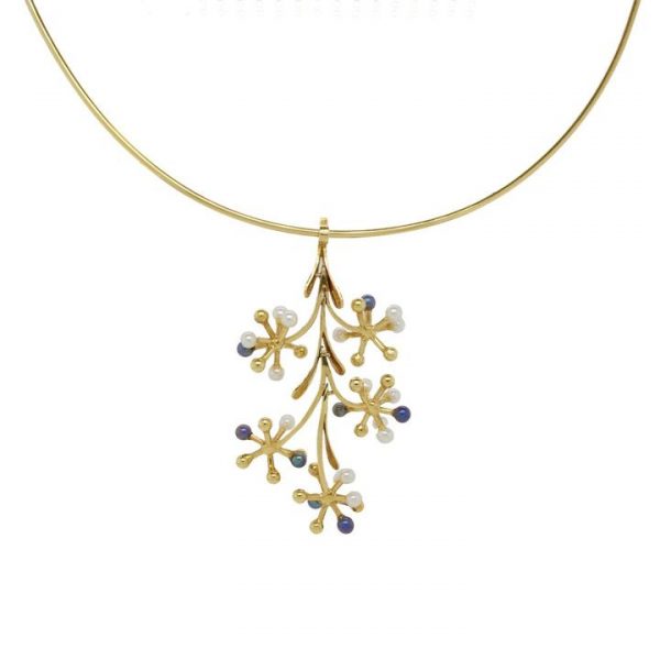 Grey and White Pearl Drop Pendant; 18ct gold branch-shaped pendant set with grey and white pearls and gold balls, hung from a gold collar