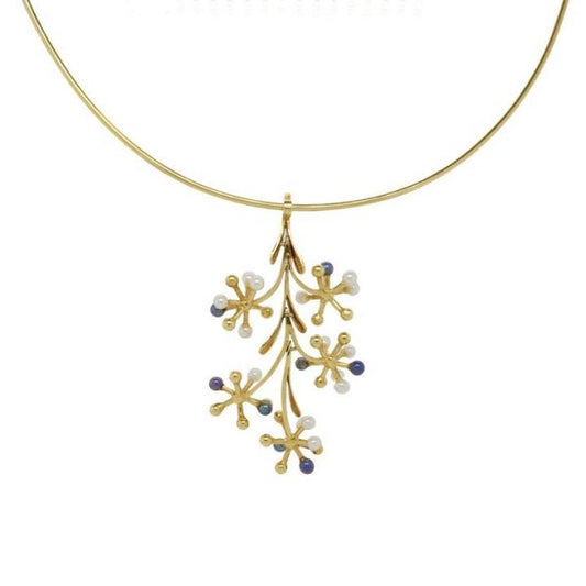 Grey and White Pearl Drop Pendant; 18ct gold branch-shaped pendant set with grey and white pearls and gold balls, hung from a gold collar